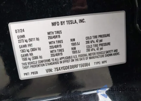 2024 Tesla Model Y Long Range Dual Motor All-Wheel Drive/Rwd из США, поврежденный, VIN 7SAYGDED8RF156984